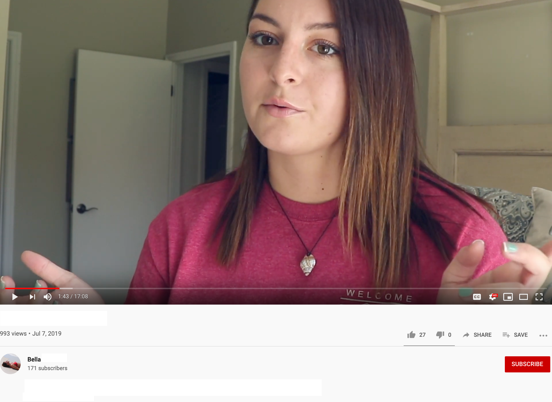 Screenshot of Bella's YouTube video about the pros and cons of college