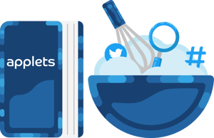 Recipe book and a mixing bowl with ingredients like Twitter, hashtags, and magnifying glass