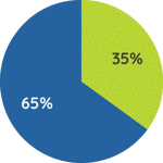 Pie chart of private university in the east coast with less than 5k enrollment, earned conversation at 65% and owned at 35%