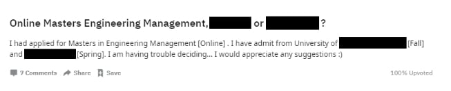 A screenshot from a Reddit post that reads: "Online Masters Engineering Management or blank?"