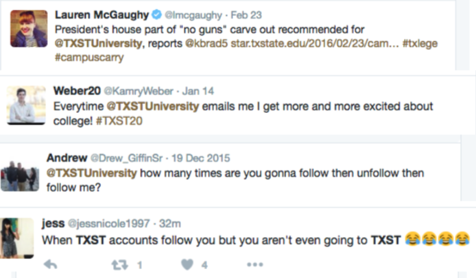 Examples of tweets that refer to the wrong Twitter account when talking about TXST