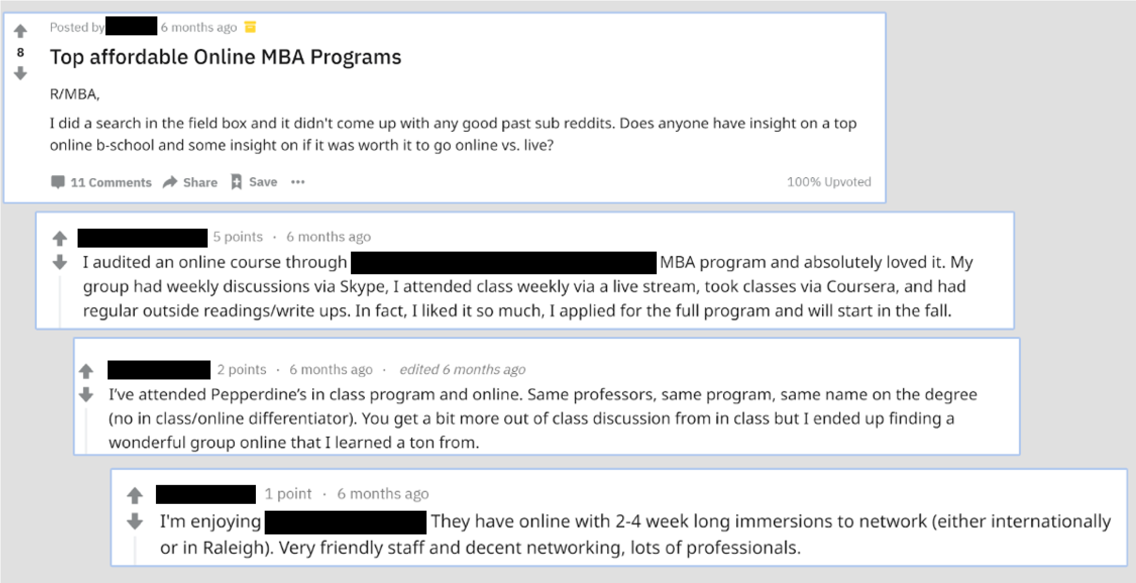 Reddit thread about online MBA programs