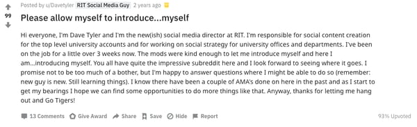 Reddit post from RIT Social Media Guy introducing himself as a representative of his school
