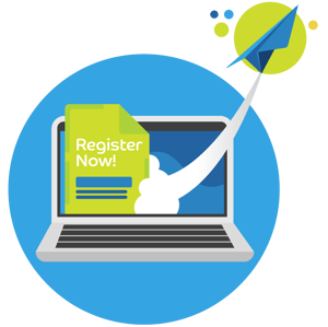 Laptop screen with a "register now!" website displayed