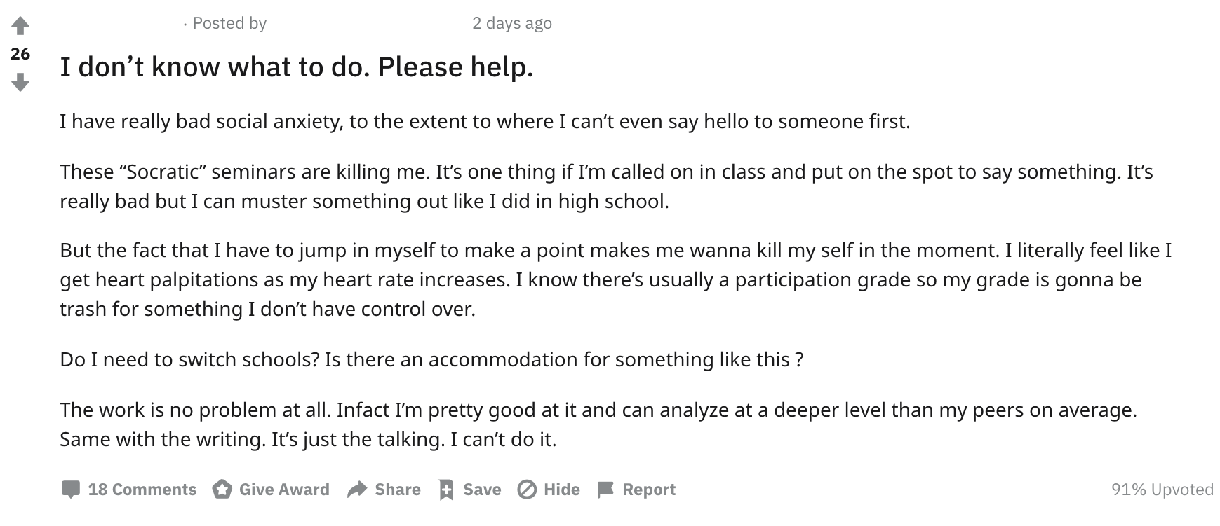 Reddit post with the subject "I don't know what to do. Please help."