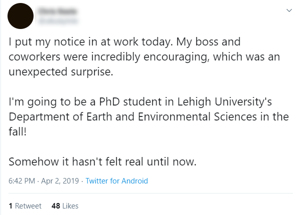 Tweet from PhD student about Lehigh University