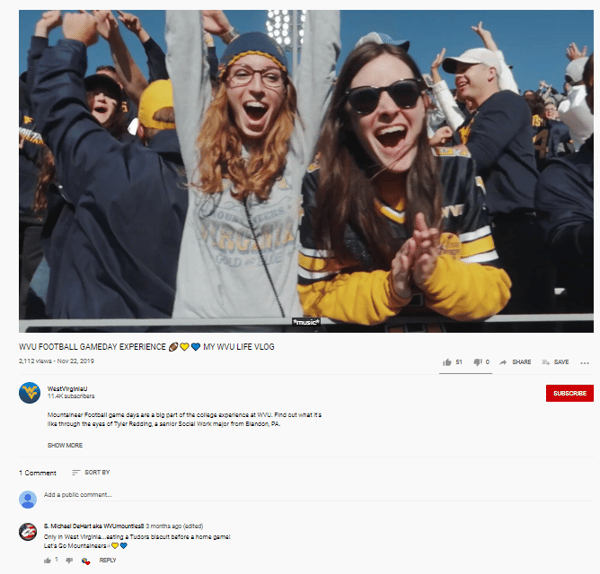 Screenshot of West Virginia University video with one comment
