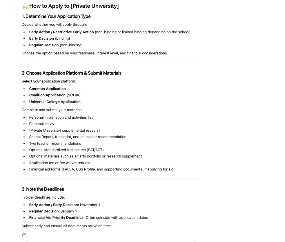 Text example of a ChatGPT test prompt that answers the question "How do I apply to [private university]?