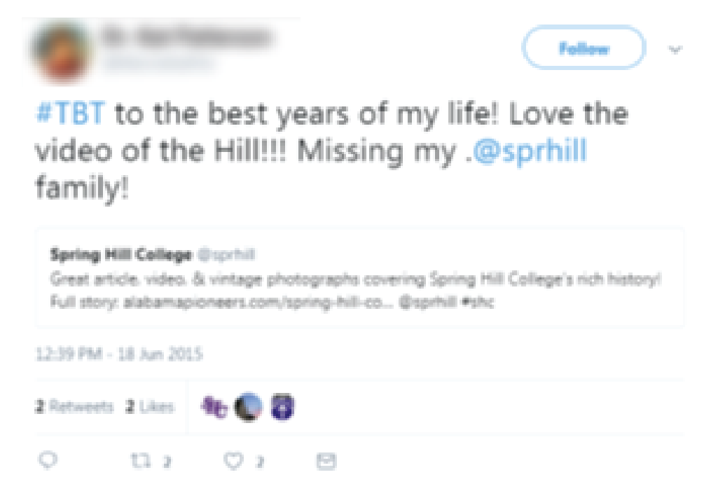 Tweet from a prominent SHC alumnae about SHC family