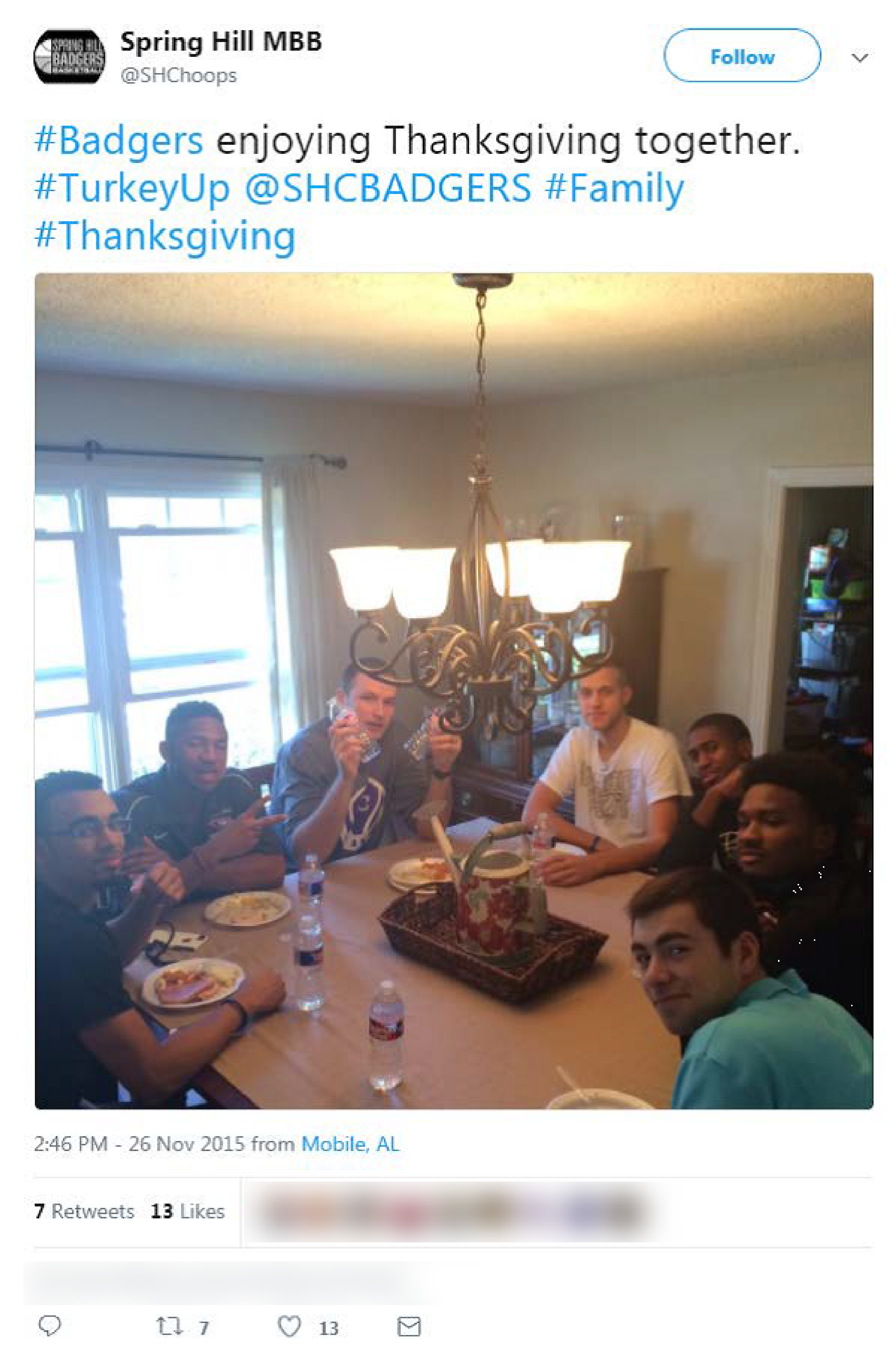 Tweet from the SHC men's basketball team about family